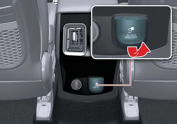 Rear console integrated 115V AC power inverter socket in the Kia Sorento cabin