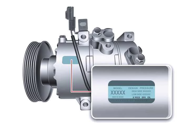 Kia Sorento air conditioning compressor identification and refrigerant label