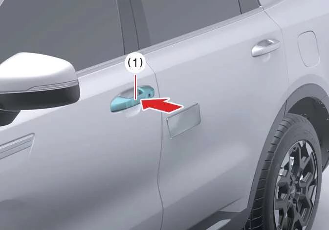Kia Sorento driver tapping physical NFC card key against driver door handle reader sensor for entry access