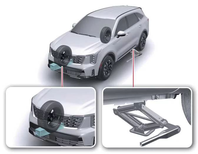 Blocking the diagonal wheel securely before elevating the Kia Sorento with a jack