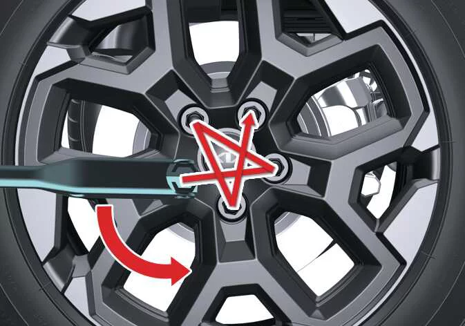 Loosening wheel lug nuts on a Kia Sorento with a lug wrench before lifting
