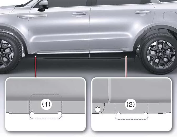 Front frame jacking point with alignment tabs on a Kia Sorento