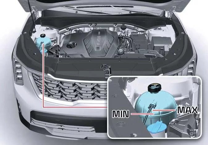 Close-up of locking tabs on the coolant reservoir cap of a Kia Sorento