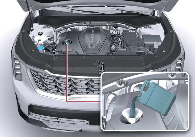 Close-up view of the Smartstream G2.5 GDi engine oil dipstick location in a Kia Sorento