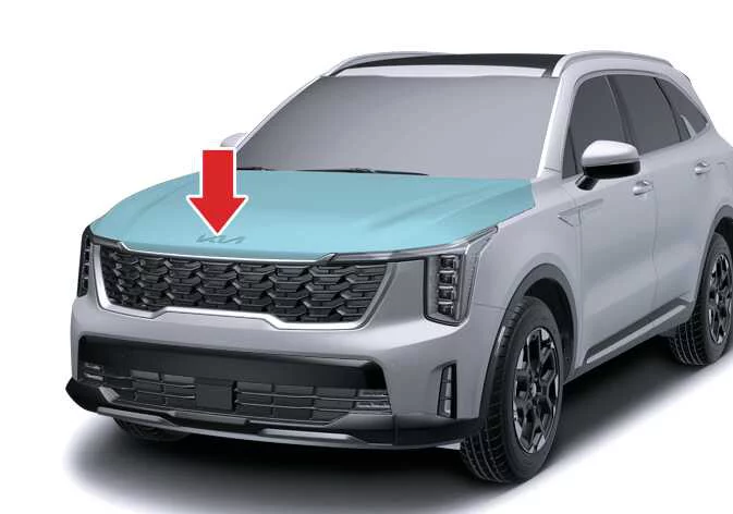 Proper technique for lowering and dropping the hood onto the main latch of the Kia Sorento