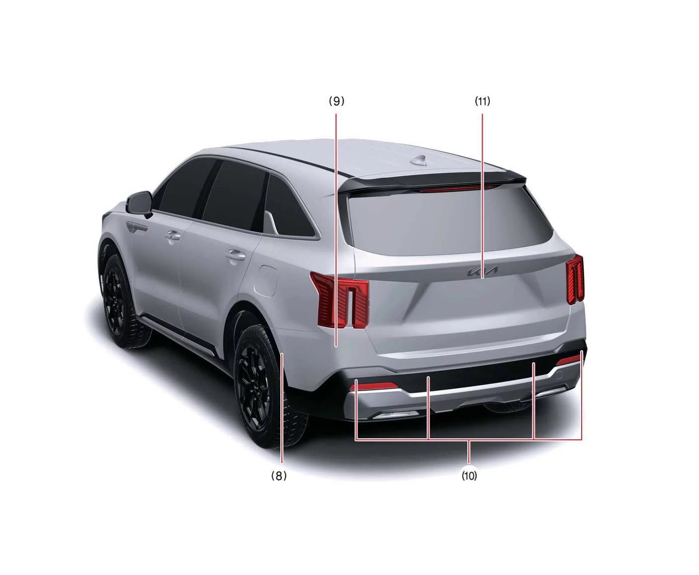 Rear view diagram illustrating sensor and camera locations on the Kia Sorento tailgate and rear bumper