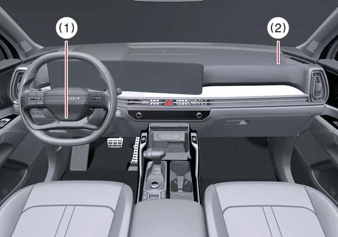 Location diagram showing the driver and passenger front airbag modules in the Kia Sorento cabin