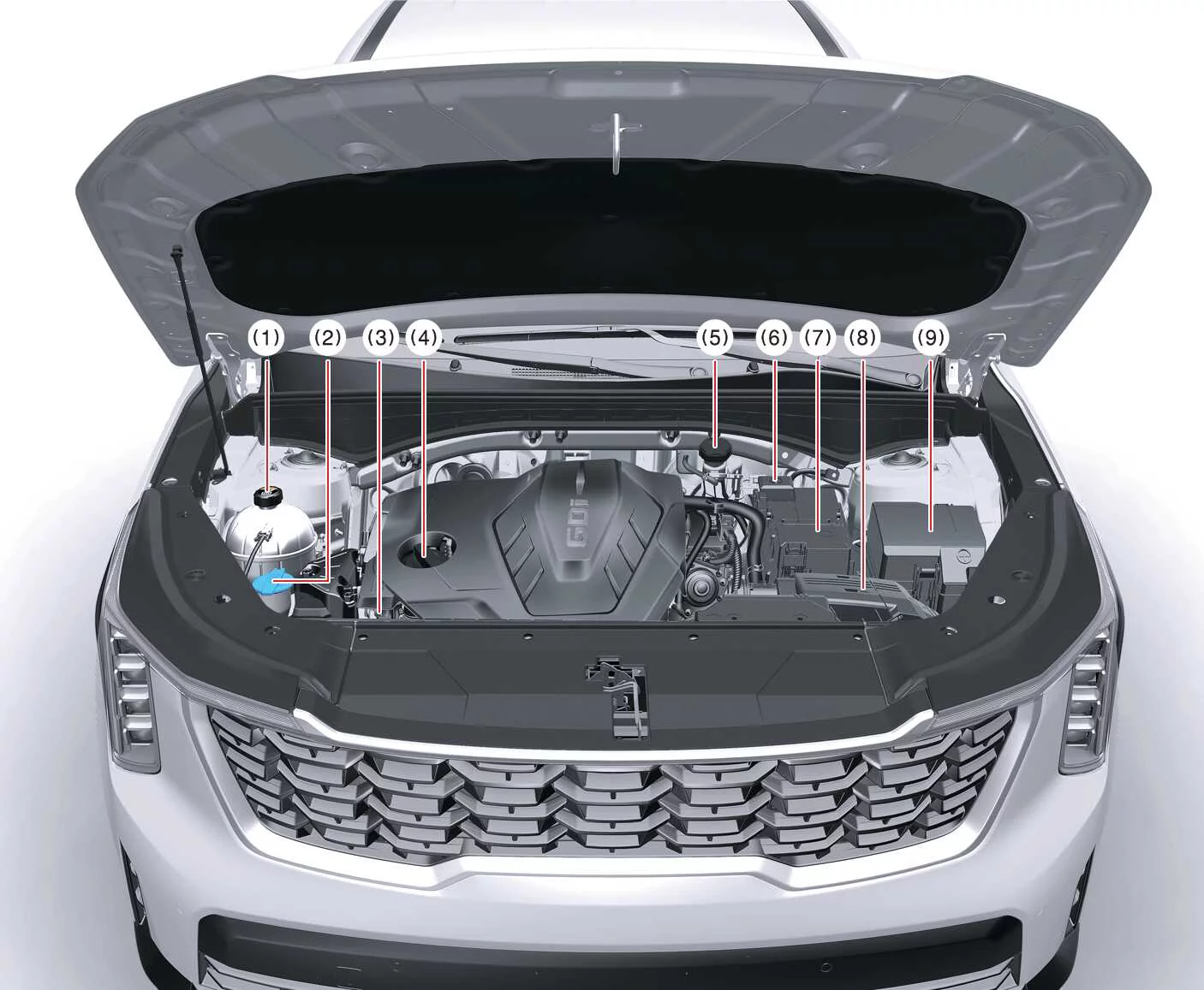 Kia Sorento Smartstream G2.5 GDi naturally aspirated engine bay component layout