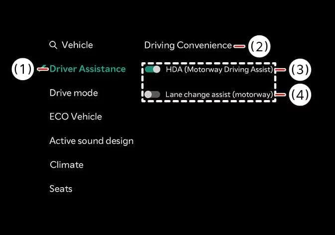 Kia Sorento touchscreen menu displaying Driver Assistance and Driving Convenience options