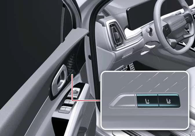 Integrated memory system control buttons and seat adjustment layout on the driver door panel of a Kia Sorento
