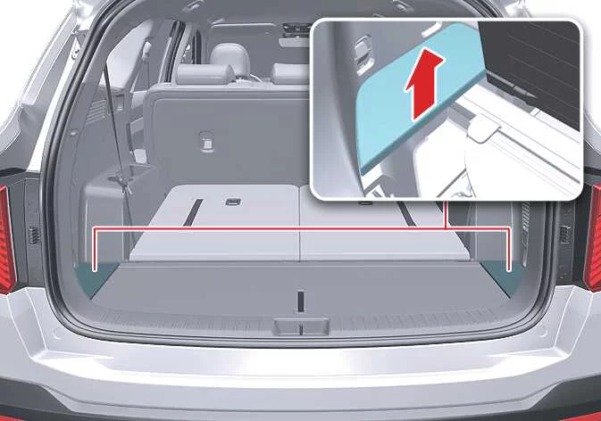 Trunk side wall storage compartment tray and access cover in the Kia Sorento
