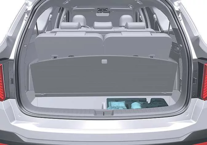 Front section of the under-floor luggage storage tray inside the Kia Sorento trunk