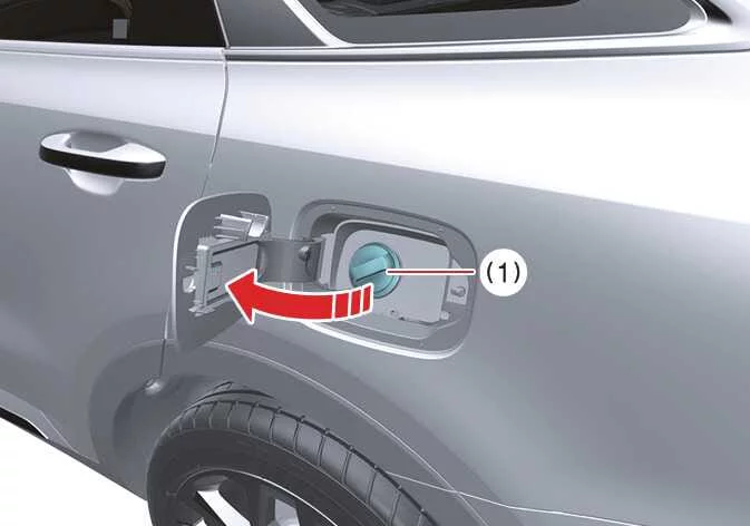 Fully open Kia Sorento fuel filler door revealing the tethered gas cap and housing assembly
