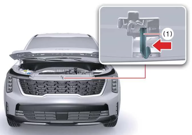 Secondary safety hood release lever location under the front grille latch of the Kia Sorento