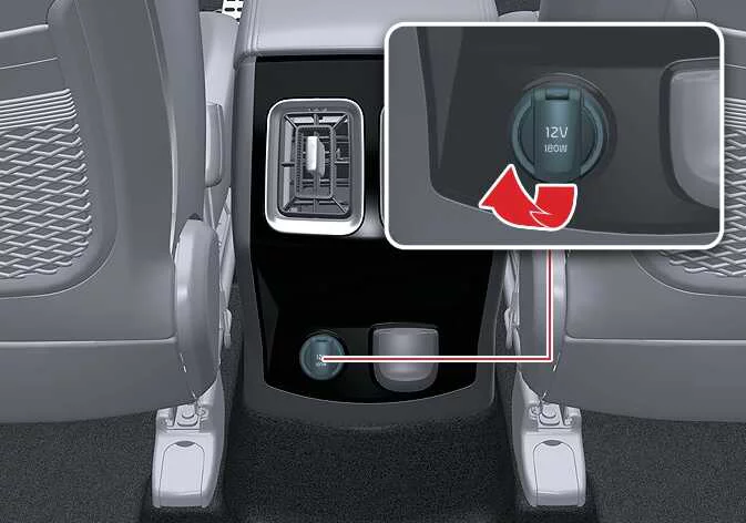 Second-row passenger seating area 12V power outlet socket in the Kia Sorento