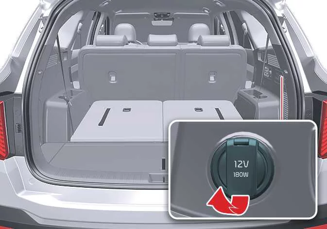 Third-row cargo zone accessory power outlet socket inside the Kia Sorento