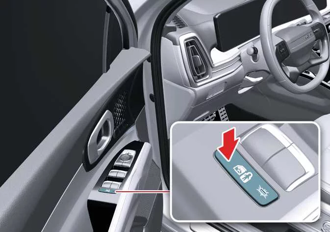 Kia Sorento driver door armrest panel showing the power window lock switch position