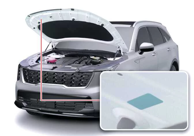 Kia Sorento under-hood A/C climate control refrigerant safety label