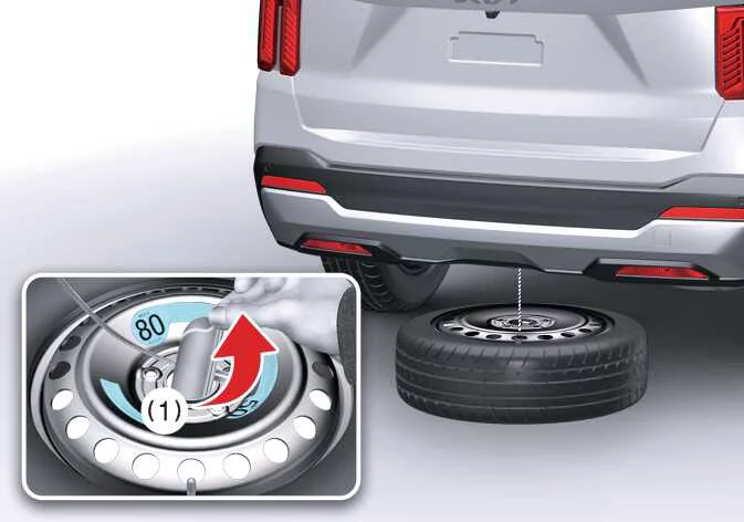 Lowering the underbody-mounted spare tire to the pavement on a Kia Sorento