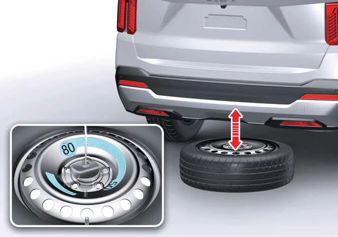 Unhooking the center retainer hub from the spare wheel assembly on a Kia Sorento