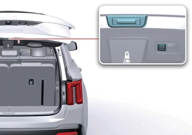 Location of the interior and exterior power liftgate operating buttons on the Kia Sorento used for system initialization