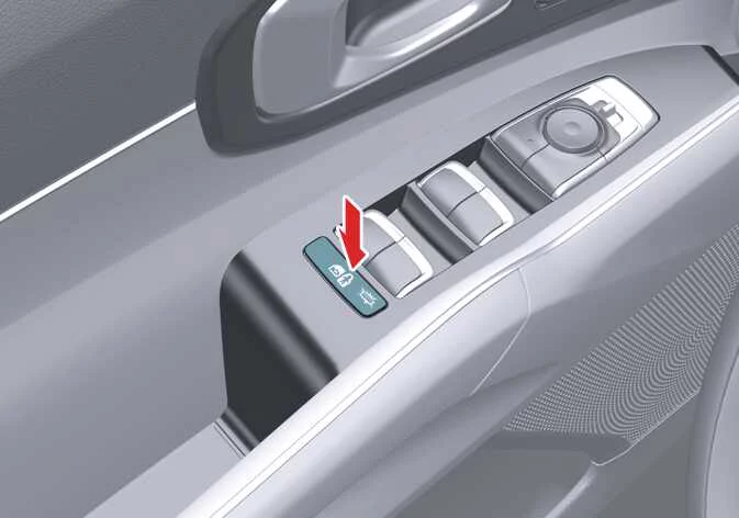 Electronic child safety lock button engaged on the driver door panel of the Kia Sorento