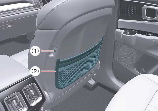 Kia Sorento front seatback storage double pocket and USB charging port detail