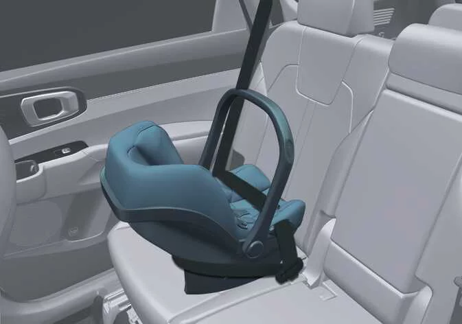Rear-facing child safety seat correctly installed in the rear row of a Kia Sorento