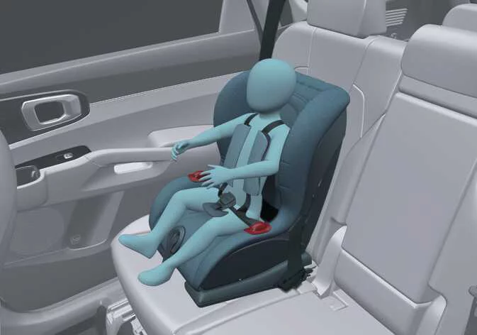 Forward-facing child safety seat secured in the rear passenger seat of a Kia Sorento