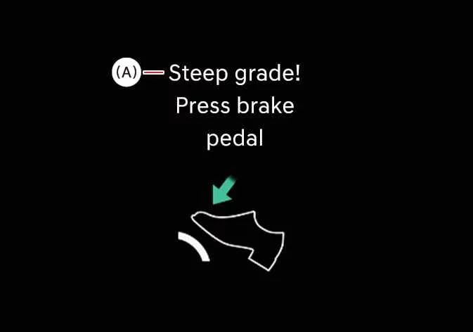 Instrument cluster warning message advising the driver to press the brake pedal on a steep grade in the Kia Sorento
