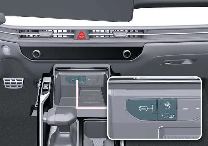 Front center console USB charging ports integrated into the dashboard of the Kia Sorento