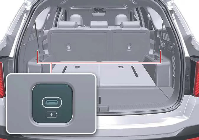 Rear cargo area secondary USB charging port location inside the Kia Sorento cabin