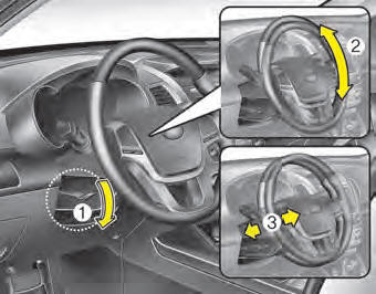 To change the steering wheel angle, pull down the lock-release lever (1), adjust